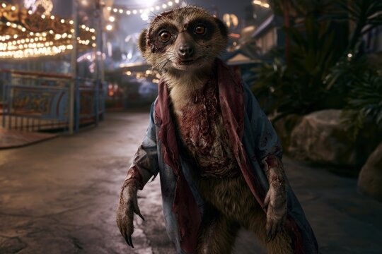 Zombie Meerkat Wandering Through Haunted Halloween Carnival