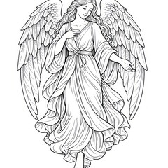 Fototapeta premium Line art of an angel with flowing robes and detailed wings.