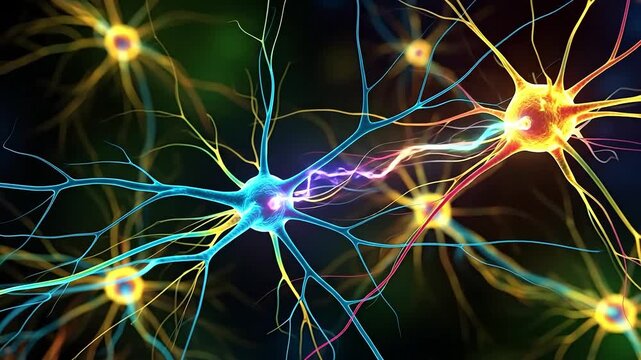 Vibrant neural network with active electrical impulses, representing brain activity.