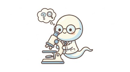 Fototapeta premium A cartoon sperm cell character with glasses looks through a microscope while thinking about questions related to fertility in a fun setting.