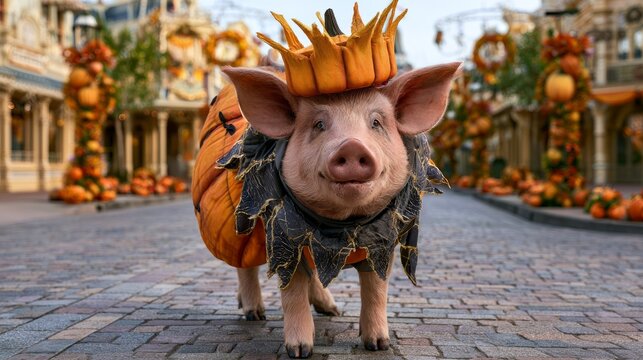 Pumpkin King Pig Posing on Decorated Halloween Street