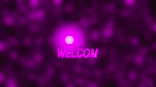 Welcome text greeting animation displays neon pink text on dark screens. Welcome text welcome layout includes purple out of focus bokeh. Greeting animation title loops for event intros.
