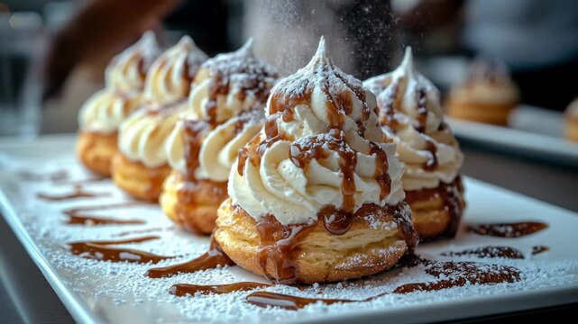 Cream puffs line a white plate, drizzled with caramel and dusted with sugar