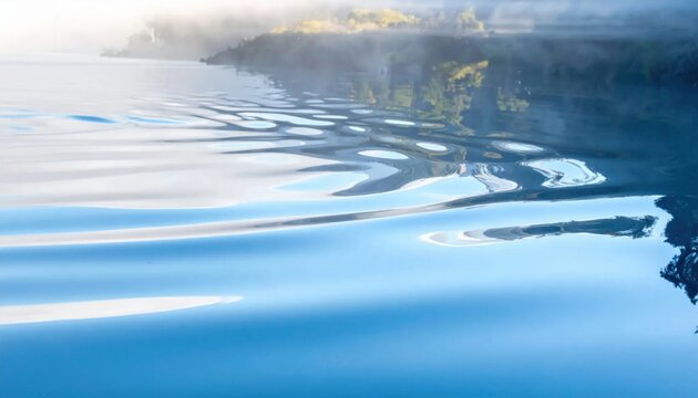 Serene Blue Water Ripples Reflecting Misty Forested Shoreline in Early Morning Light
