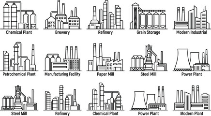 Fototapeta premium Industrial enterprise line icons labeled with sector names including petrochemical plant steel mill and grain storage facilities