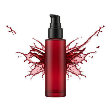 Red cosmetic serum bottle featuring a black pump dispenser surrounded by dynamic liquid splashes isolated on a clean white background