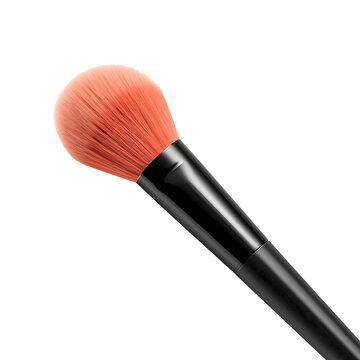 Fluffy professional makeup powder brush with soft orange bristles and a sleek black handle isolated against a white background area