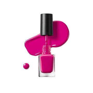 Bright hot pink nail polish bottle with an open applicator brush and messy liquid spill isolated on white studio background