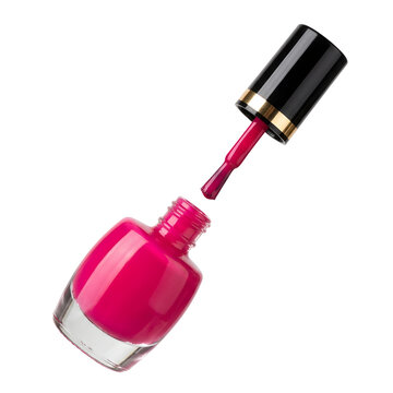 Vibrant fuchsia nail polish glass bottle with an open applicator brush displaying liquid cosmetic color isolated against a white background