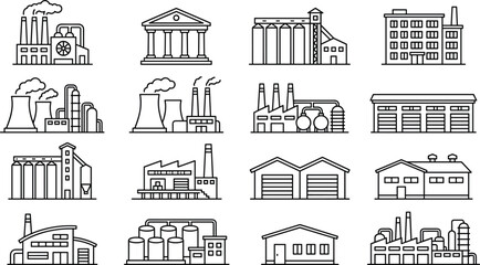 Industrial plants logistics warehouses grain silos and government building thin line icons set for city infrastructure planning development © MSTLIPI