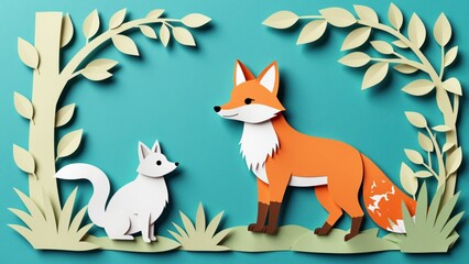 Fototapeta premium Paper Craft Forest Scene with Fox and Cat