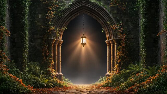 Abandoned Gothic Archway Covered in Ivy and Autumn Vines