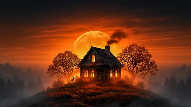 Witch's Cottage in the Woods at a Fiery Autumn Sunset