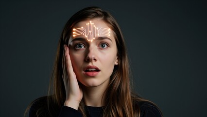 Fototapeta premium Young woman with digital technology overlay on face