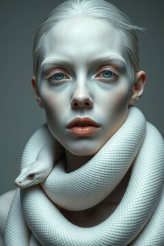 Ethereal portrait of an albino woman with pale skin and blue eyes wrapped in a white snake