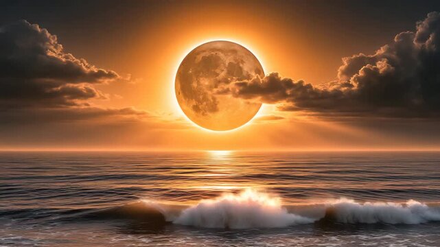 Harvest Moon Reflecting Across Rolling Ocean Waves