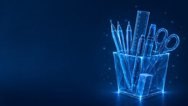 Abstract wireframe mesh pencil holder with stationary tools school supplies education of reading stationery scissors supplies wireframe. school supplies education of reading