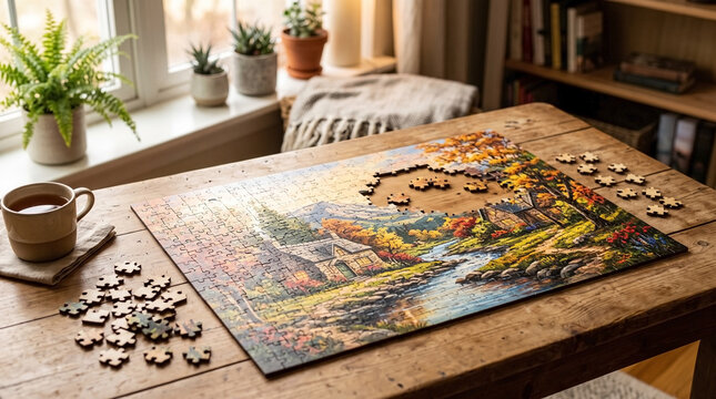 Assembling wooden picture puzzle on wooden table with coffee cup and scattered pieces. Cozy atmosphere showcases puzzle pieces beside partially completed image of serene landscape.