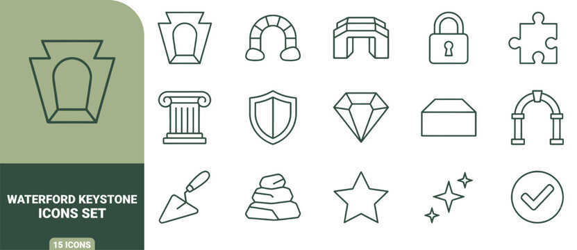 Set of green outline architectural, construction, and geometric icons including keystone, arch, column, shield, and diamond