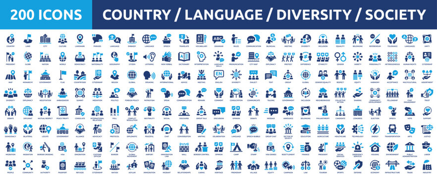 Huge set of 200 solid icons. Mega collection concept of country, language, communication, diversity and society. Vector illustration.