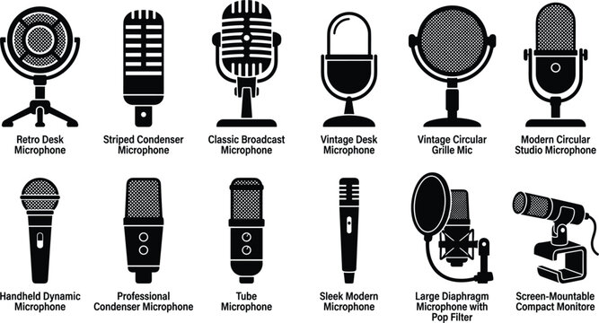 Professional studio recording microphones bundle containing classic vintage table mic stands and modern condenser equipment icons