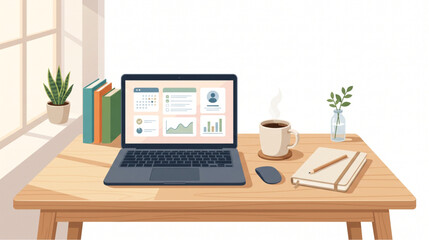 Fototapeta premium Modern workspace illustration with laptop displaying financial charts, notebook and coffee mug