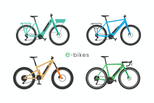 E bike icons set. Simple flat colors of electric bicycle symbol logo icon vector illustration. Modern types of e bikes collections