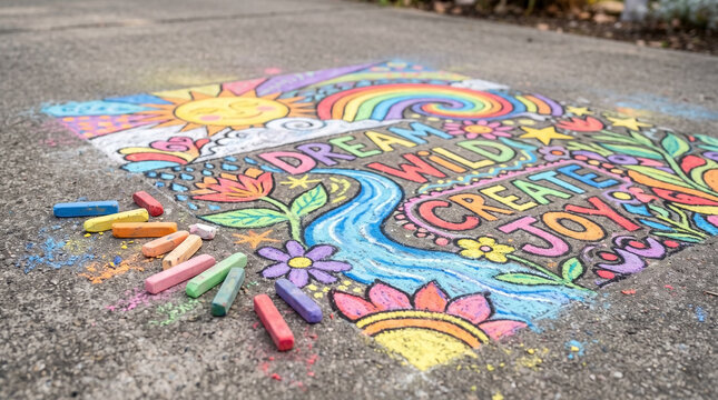 Colorful chalk art drawing with vibrant designs and uplifting messages on pavement. Joyous chalk art features sun, rainbow, flowers, and a river. Ideal for creative projects and hobby promotion.