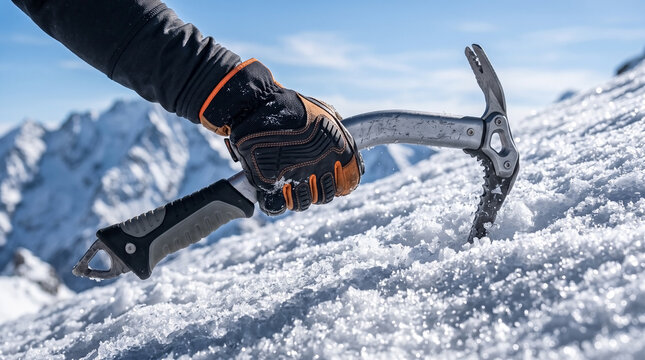 Climber using ice axe on snowy mountain surface, gripping tool firmly during ascent in challenging terrain.