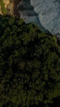 Vertical video. Steep FPV Drone Dive Above Coastal Forest And Rocky Shore At Karang Boma Cliff, First Person Flight Toward Crashing Surf, Adventure And Exploration