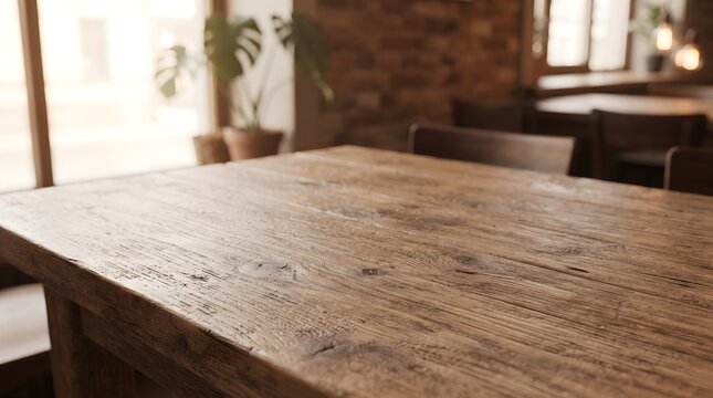 Empty rustic wooden table surface in a cozy cafe interior for product display 