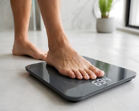 Bare feet standing on digital weight scale fitness health concept photography