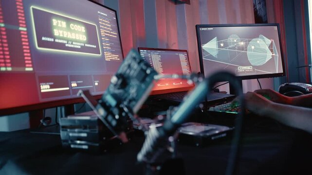 Hacker bypassing a security pin code while examining a circuit board in a high-tech hideout