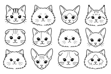Fototapeta premium Cute Cat Faces Collection Hand Drawn Vector Line Art Set Isolated on White Background
