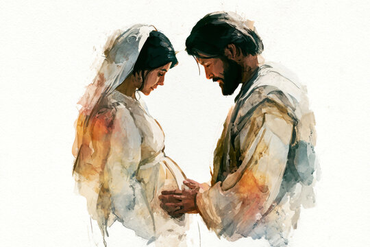 Mary and Joseph stand together with hands on her belly, looking down at the child. Their robes suggest a simple life with a connection captured in this moment