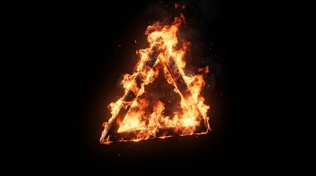 Burning triangle fire frame isolated on black background with realistic blazing flames