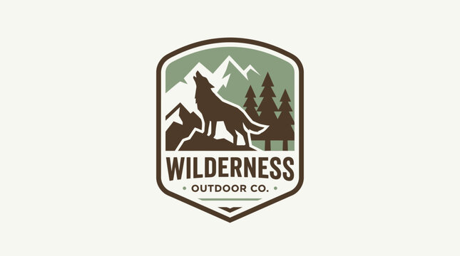 Wilderness Outdoor Co. Logo with Howling Wolf and Mountains.