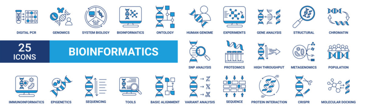 Set of bioinformatics icons for genetic research and biotechnology