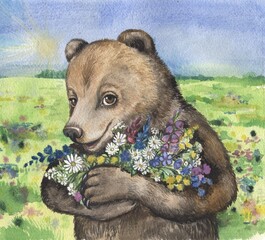 Watercolor bear cub holding wildflower bouquet in sunny summer meadow © oliff