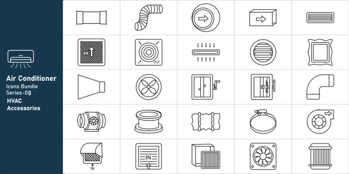 HVAC Air Conditioner Icons Bundle, 25 Linear Ventilation and Cooling System Elements, Industrial Air Conditioning Accessories Vector Set