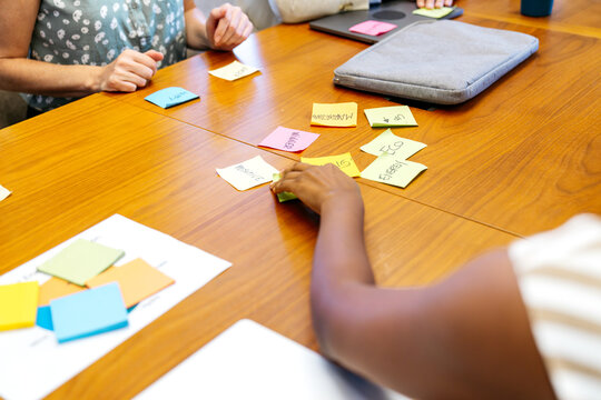Diverse colleagues discussing ideas during a business meeting, planning strategy using colorful sticky notes on a wooden conference table