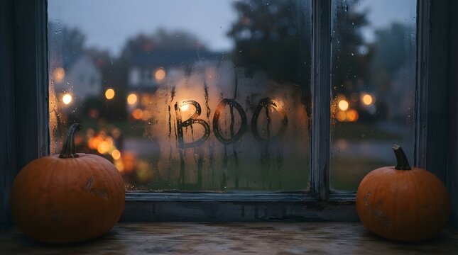 Boo written on steamy window with pumpkins