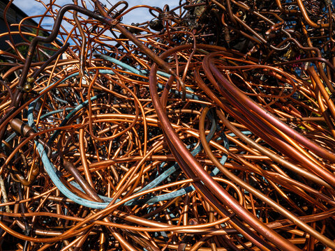Scrap copper pipes at a recycling center