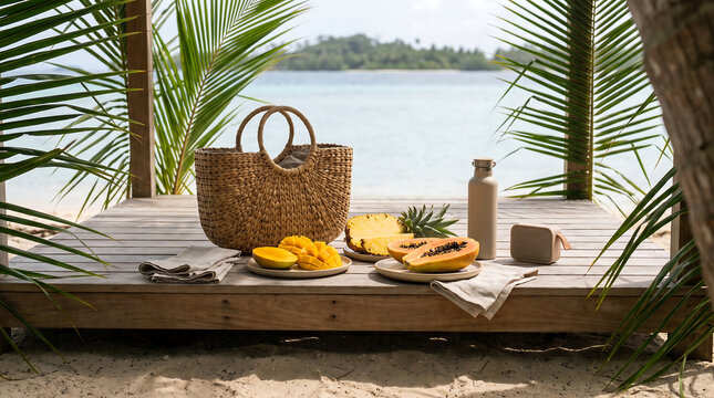 Tropical summer holiday picnic on a beach deck with refreshing fruits, perfect for advertising with ample copy space.