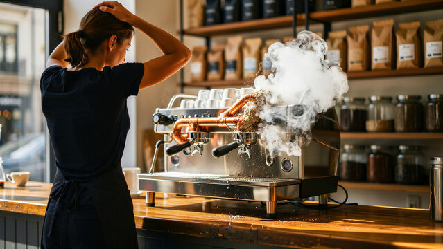 Barista reacting to broken espresso machine emitting steam. Professional equipment explosion with broken pipes in a cafe. Business insurance and failure concept, ideal for repair ads.