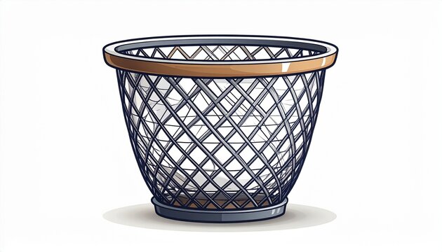 Empty black wire mesh trash bin with wooden rim.