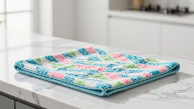 A colorful, textured dish drying mat lies flat on a white marble surface. It features a pattern of pink, green, and white squares. The mat appears absorbent and ready to dry kitchenware.