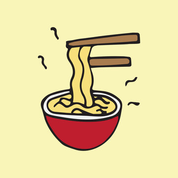 Doodle illustration of noodles in a bowl with chopstick. Asian cuisine