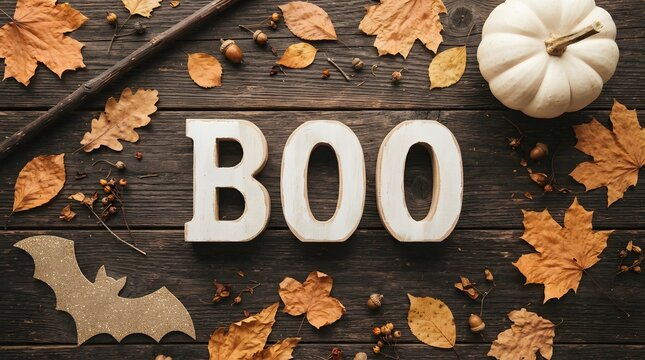 Halloween boo sign with autumn leaves and pumpkin