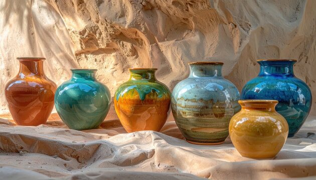 Collection of Vibrant Glazed Ceramic Vases Displayed on Textured Sandy Surface